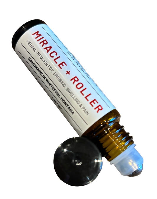 Miracle Roller bottle with black roller ball on a white background
